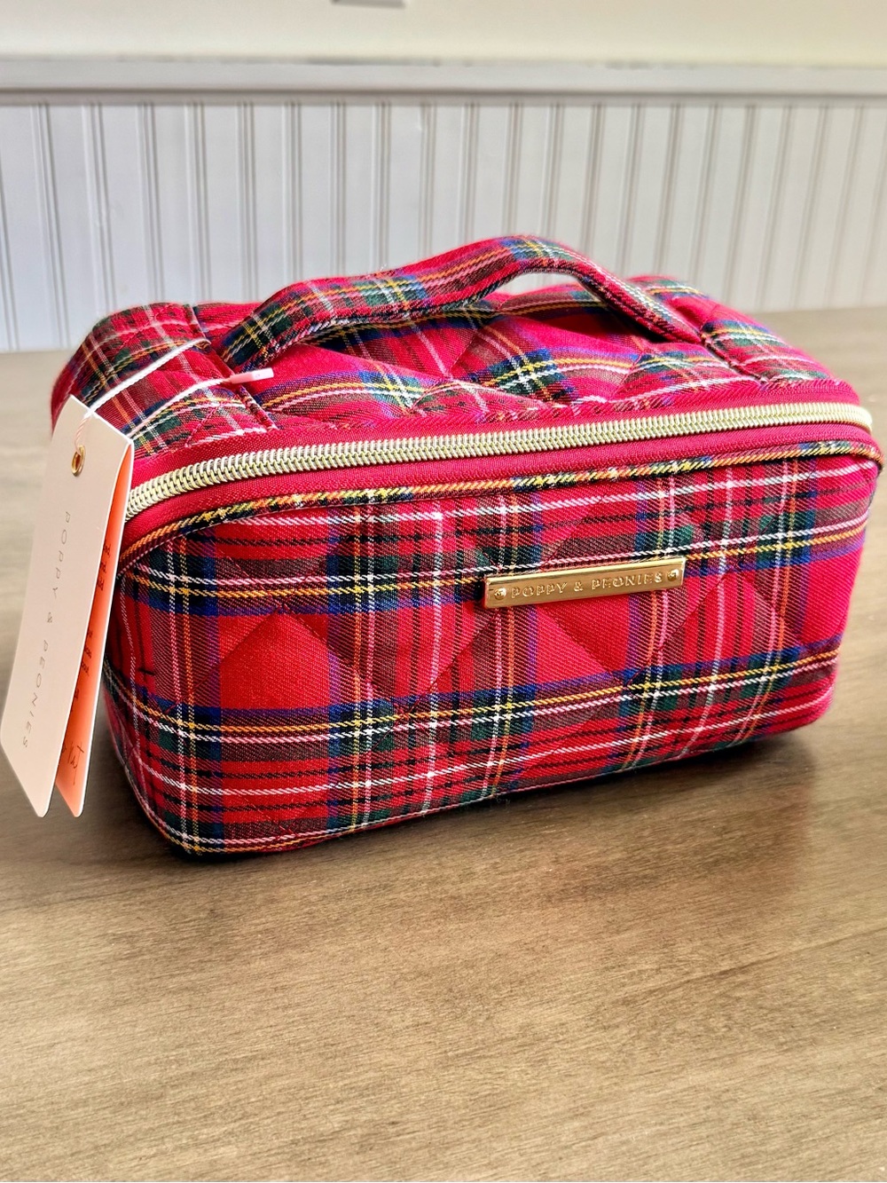 Poppy & Peonies Red Plaid Quilted Split Organizer Case with Gold Hardware